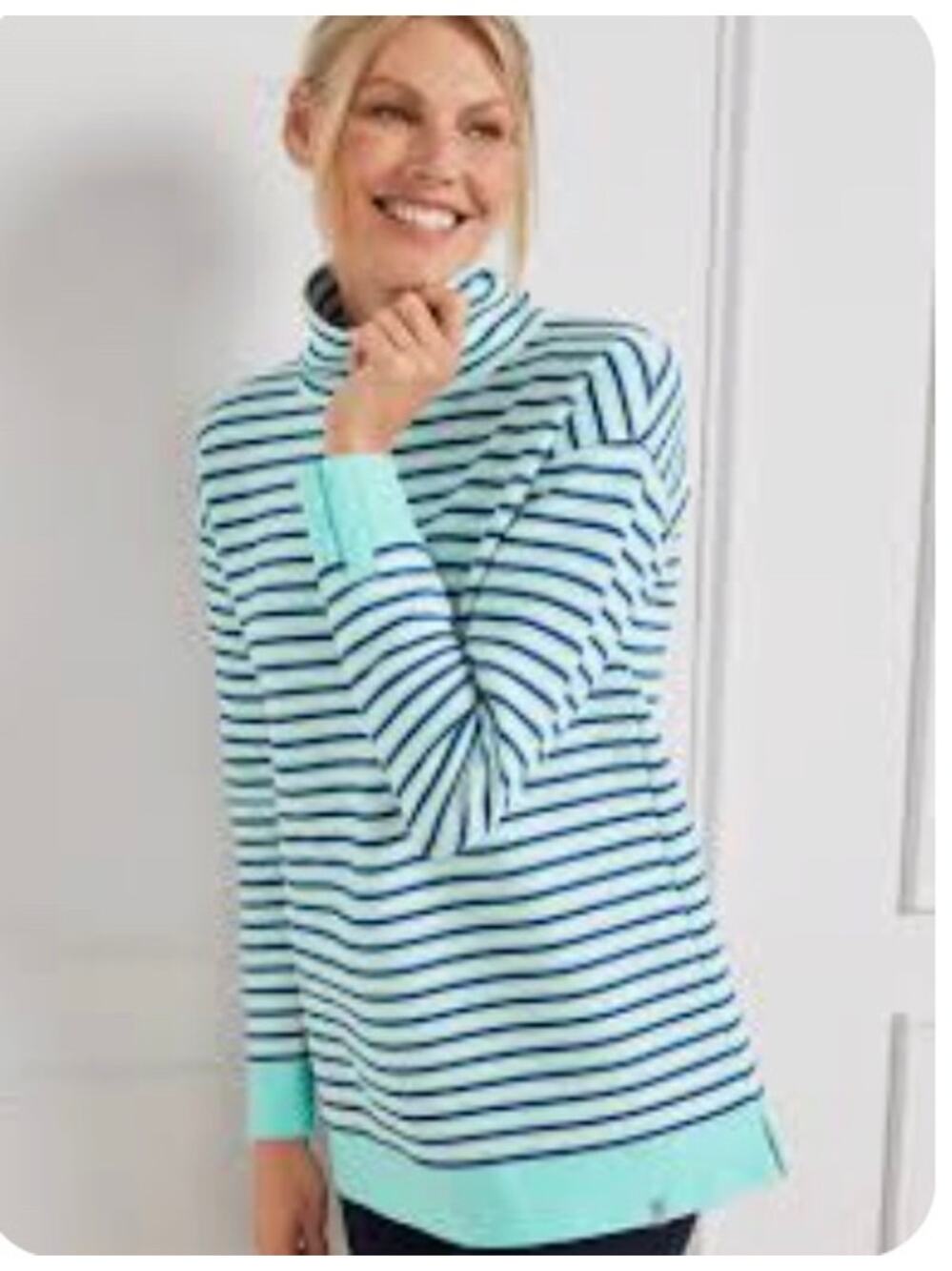T by Talbots Womens L Blue Textured Funnel Neck Stripe Pullover Casual Top Soft